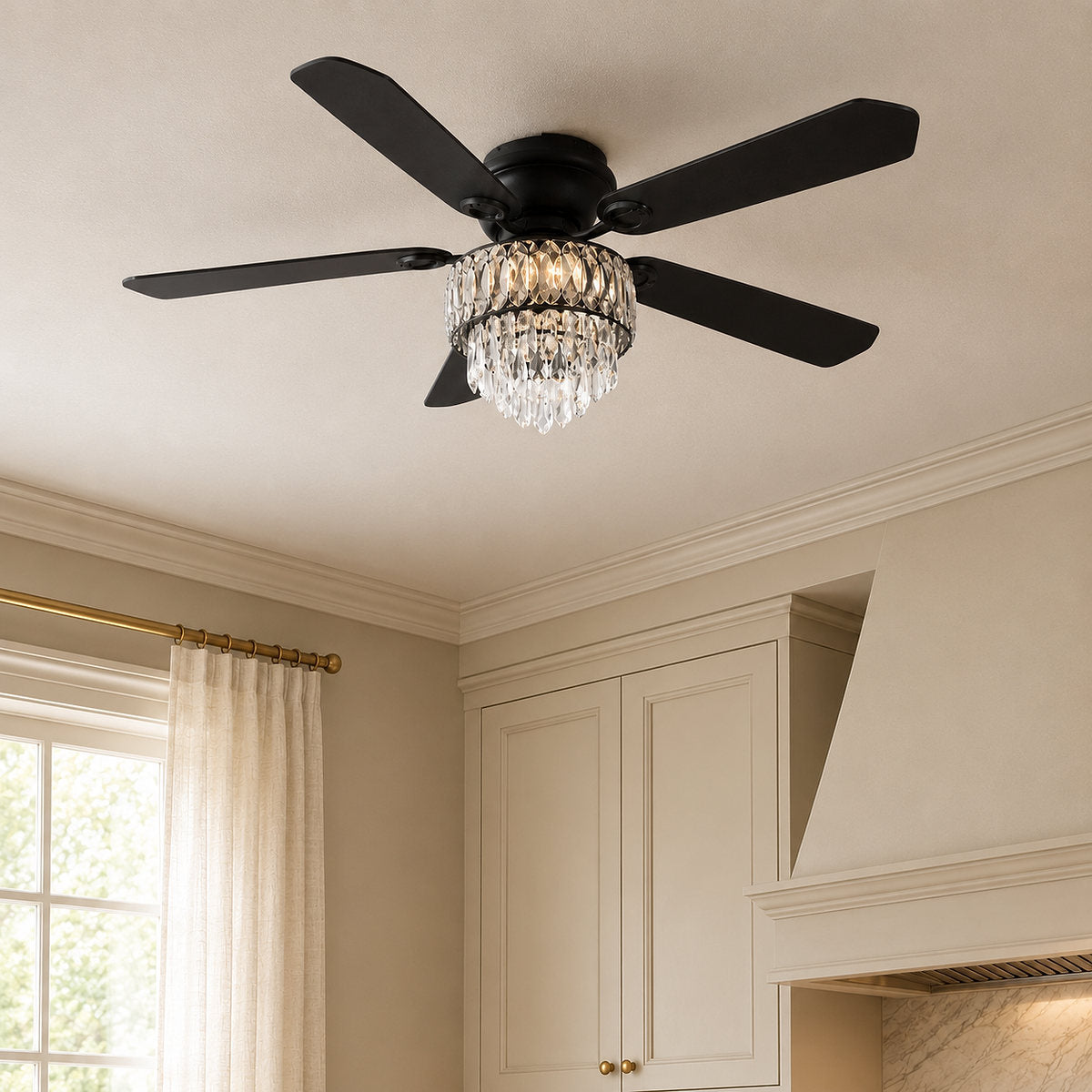 Tricolordeer Tiered Crystal Chandelier Black Ceiling Fan