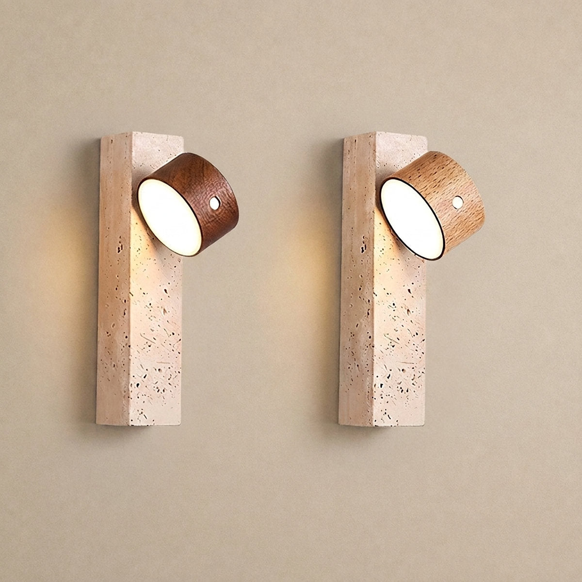 Axis Wood Rechargeable Wall Lamp, 2.8-Inch x H 9.1-Inch, Dark walnut & Yellow Travertine, Warm Light & USB Charging for Bedroom & Living Room