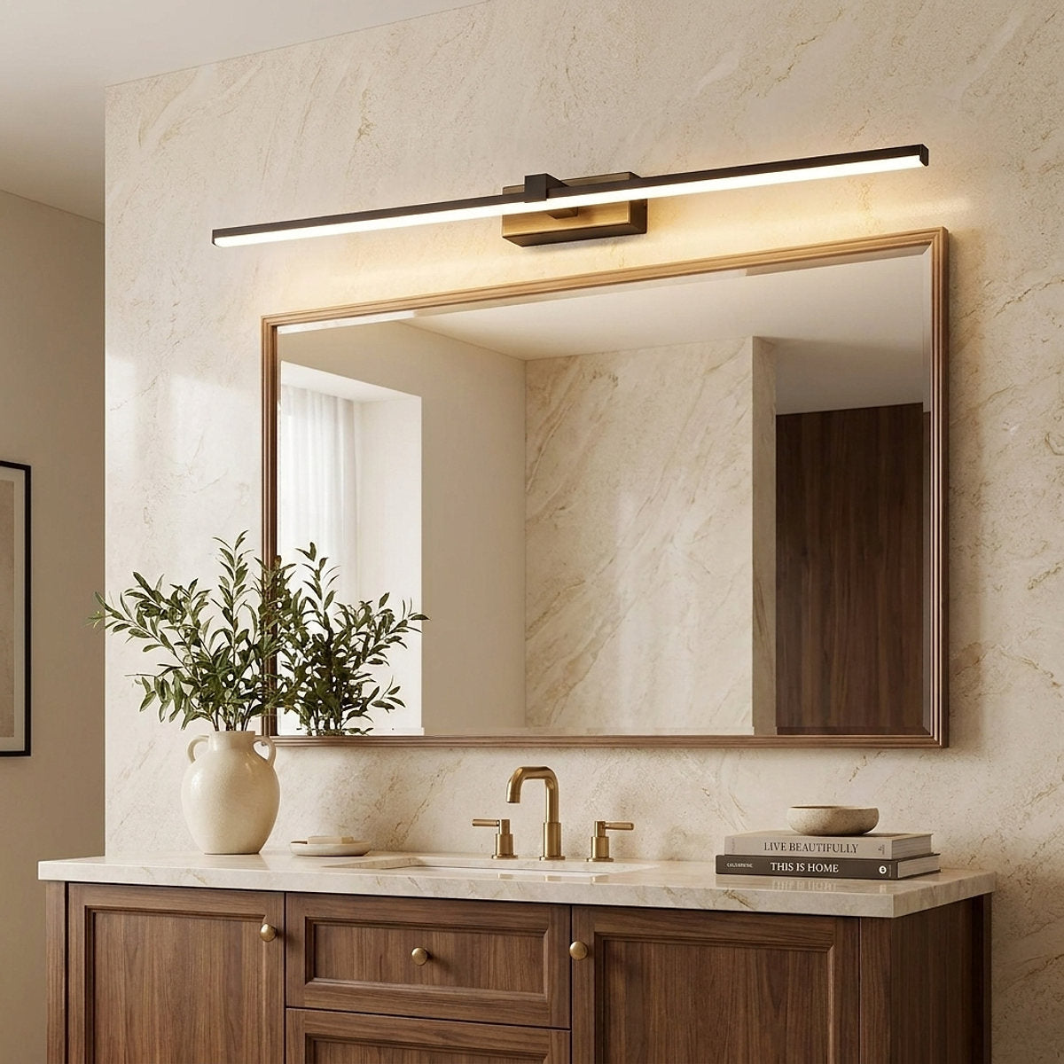 Metal Linear Mirror Wall Lamp, L 15.7~31.5-Inch x H 3.1-Inch, Black, Warm Light for Living Room & Dining Room
