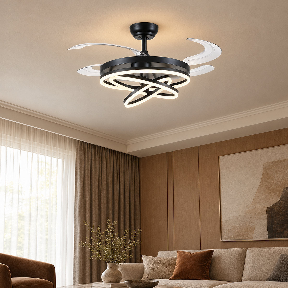 Tricolordeer LED Ring Light Ceiling Fan with Retractable Acrylic Blades
