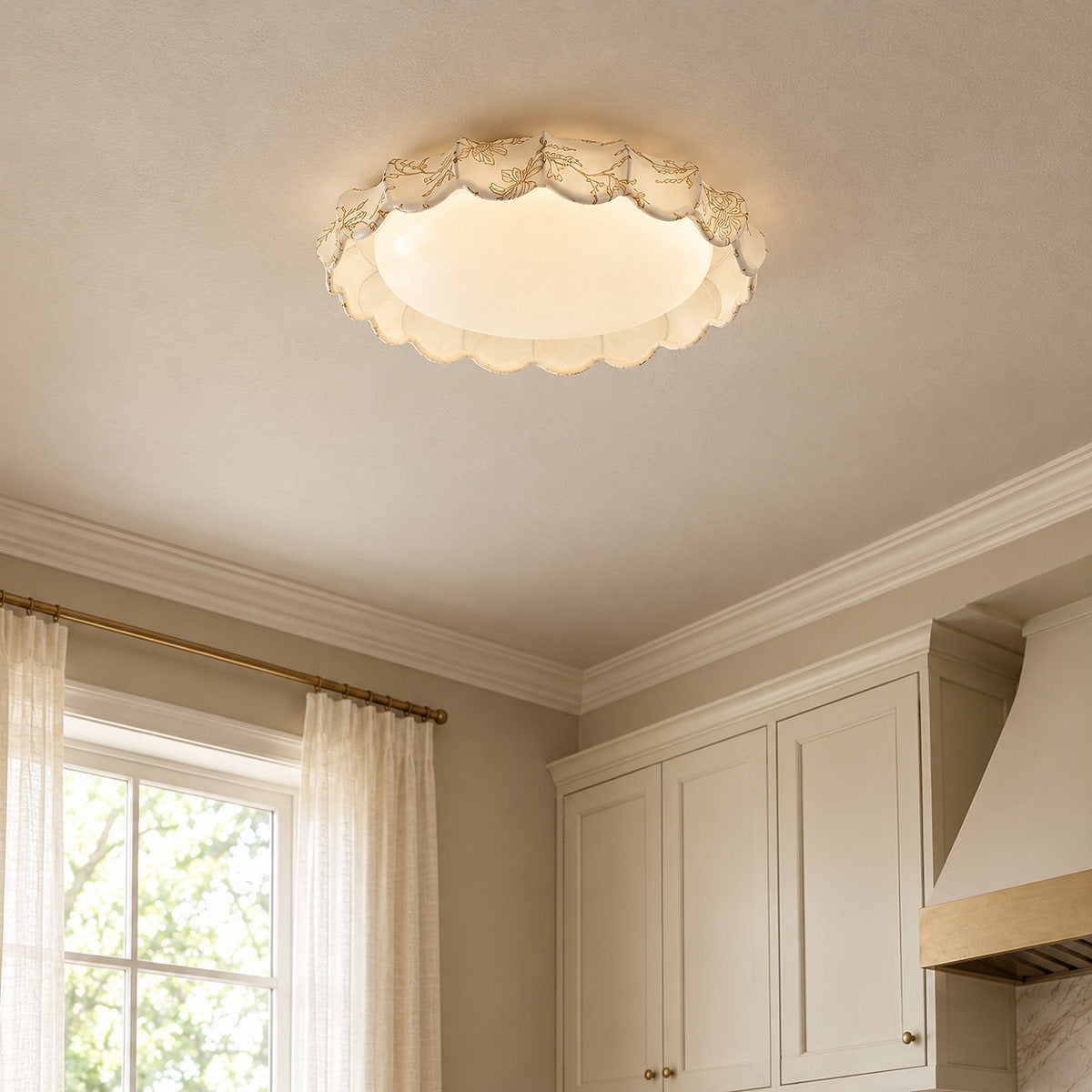 Scalloped White Fabric Flush Mount Ceiling Lamp