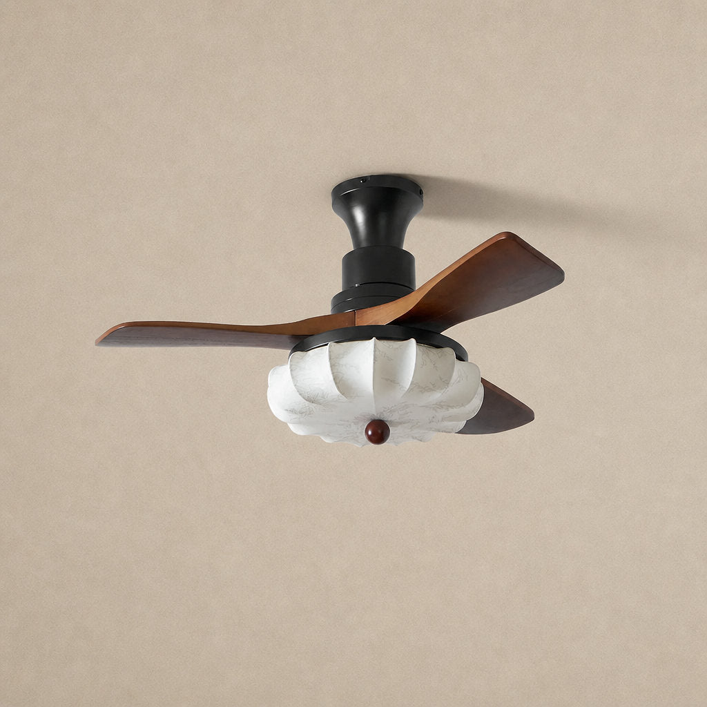 Lotus Bloom Ceiling Fan Light, 36~52-Inch x H 11.8-Inch, Walnut Wood & Black & White, Warm Light for Living Room