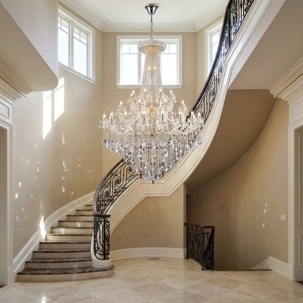 Luster Gaze Extra Large Retro Empire Candle Crystal Chandelier for High-ceiling Space - dramatic American stairwell with soaring ceiling