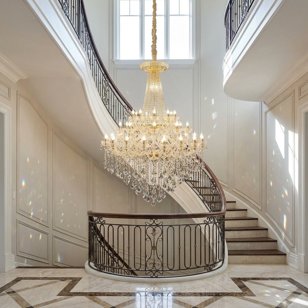 Luster Gaze Extra Large Retro Empire Candle Crystal Chandelier for High-ceiling Space - dramatic American stairwell with soaring ceiling