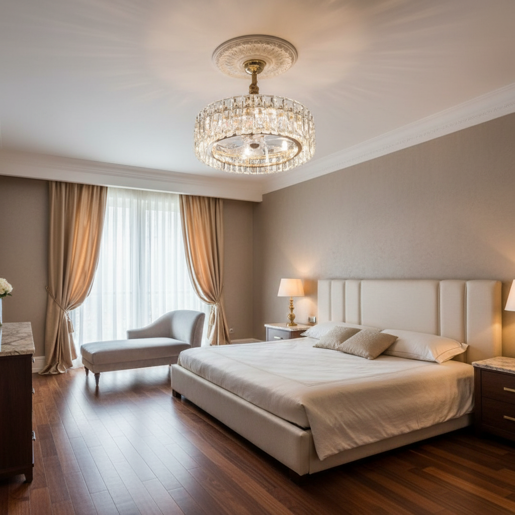 Luster Gaze Celestial Whisper Crystal Fan Chandelier - luxurious American master suite