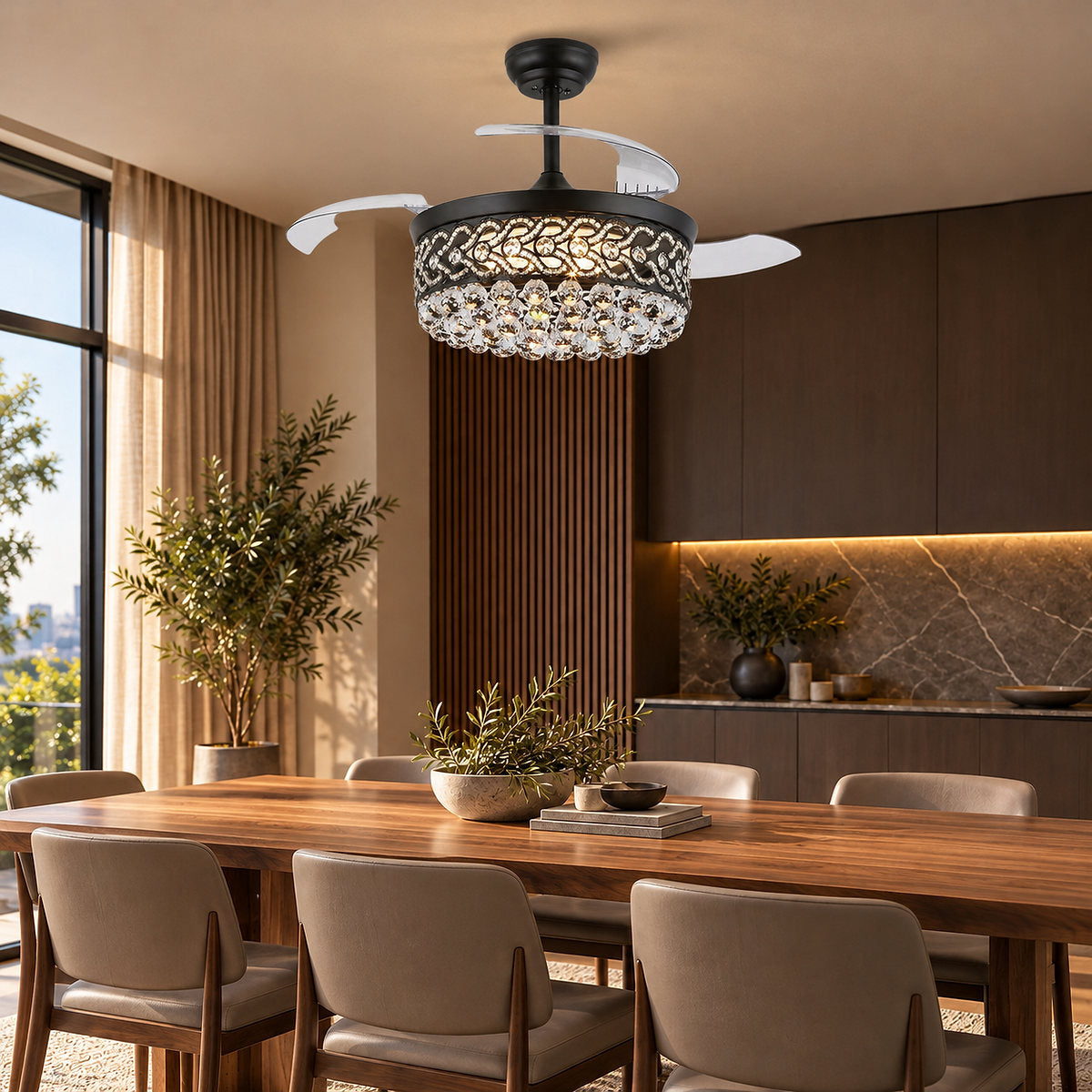 Tricolordeer Crystal Drum Chandelier Retractable Ceiling Fan