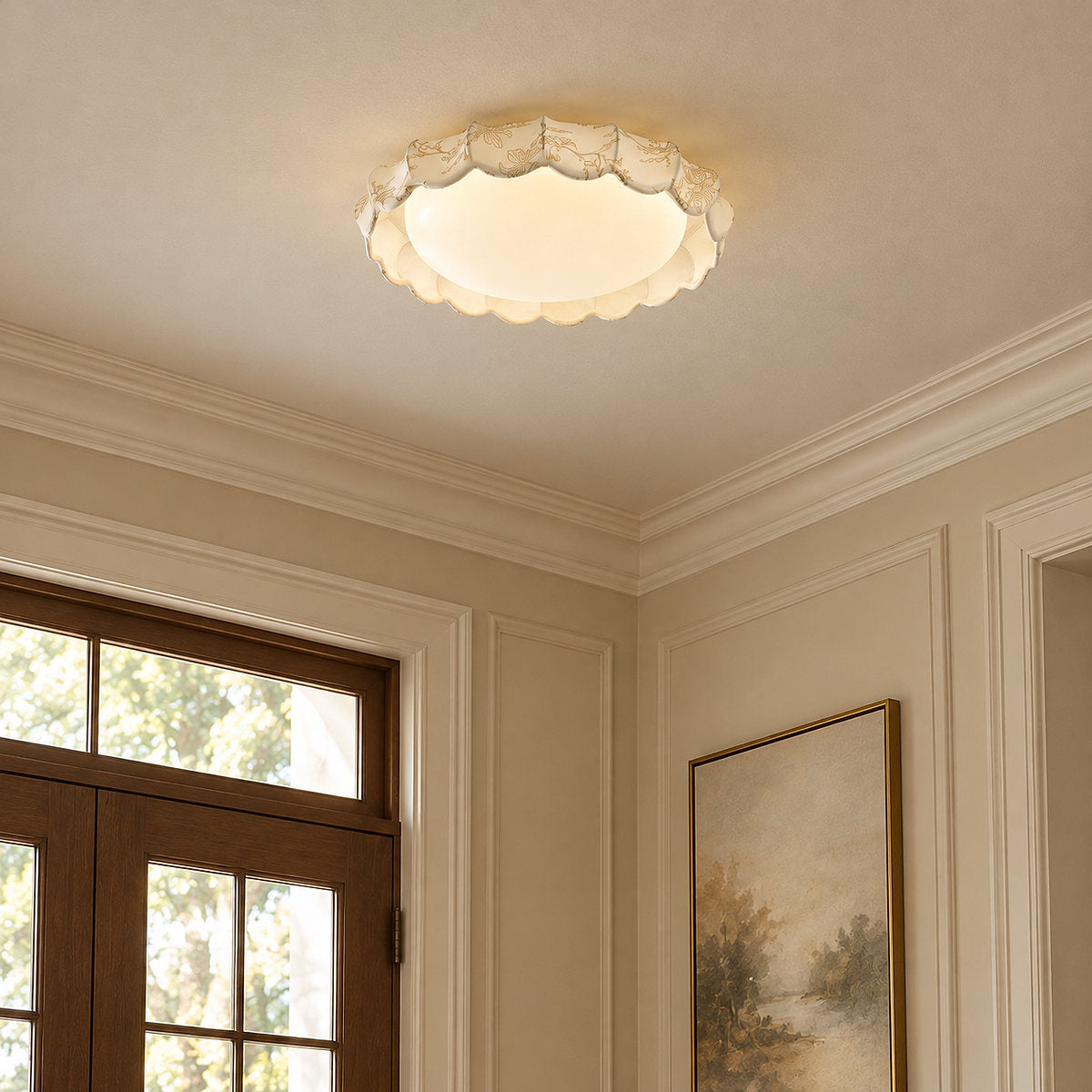 Scalloped White Fabric Flush Mount Ceiling Lamp
