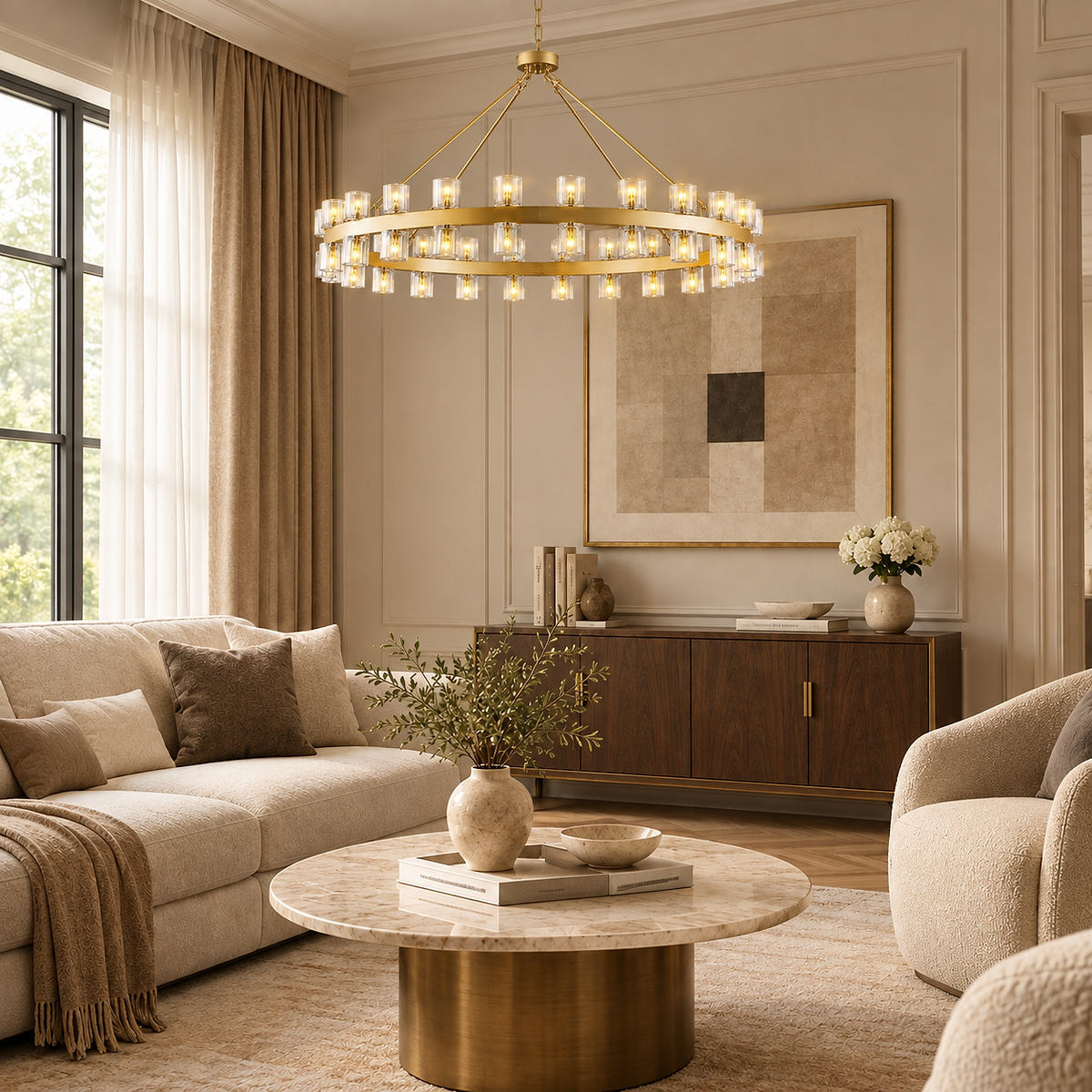 Tricolordeer Brass Ring Chandelier with 48/60 Lights (Brushed Brass / Matte Black)