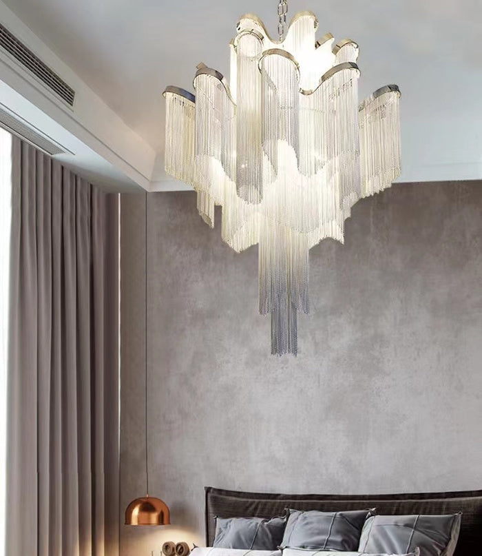 Post-Modern Extra Large Stainless Steel Long Tassel Chandelier for Large Living Room / Staircase / Villa / Duplexes
