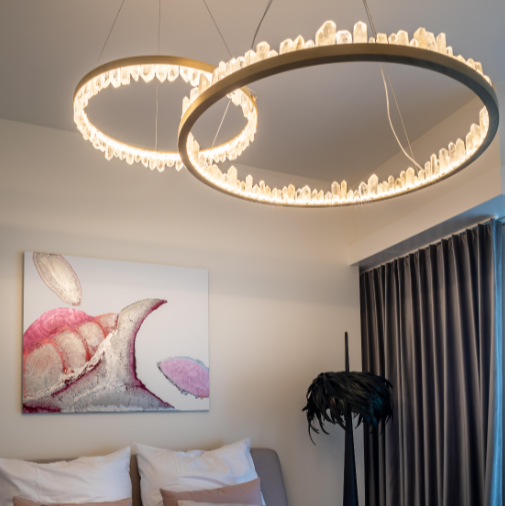 Modern Style Rings Brass & Natural Quartz Crystal Chandelier in Brass/Black Finish