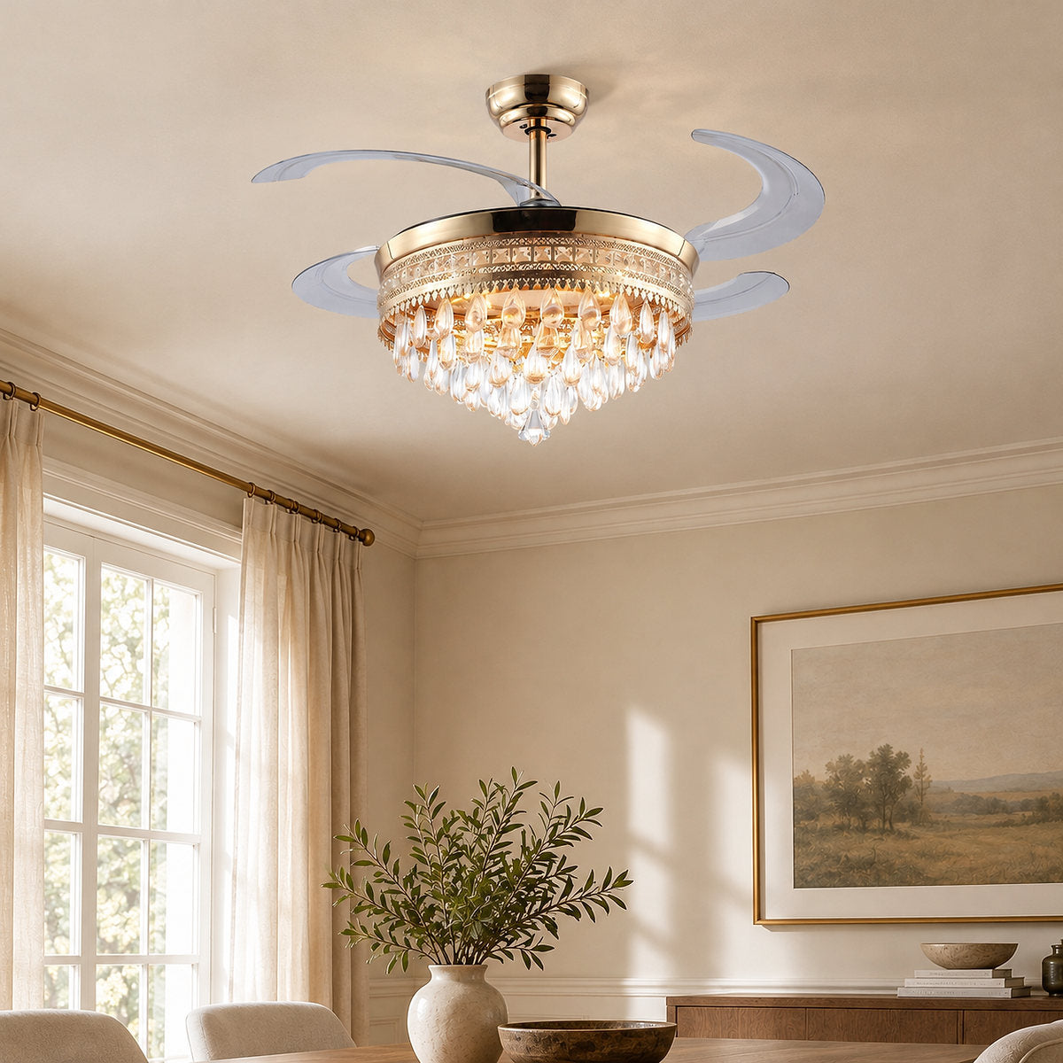 Tricolordeer Retractable Blade Crystal Chandelier Ceiling Fan
