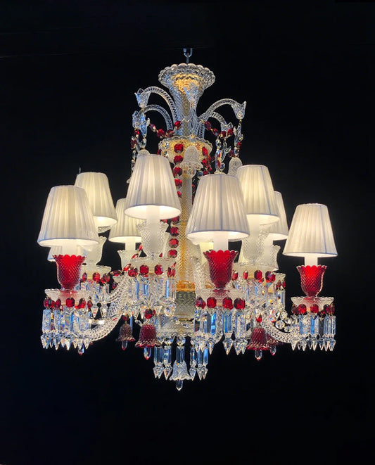 Custom Made 12 Lights Clear & Red Crystal Chandelier in Gold