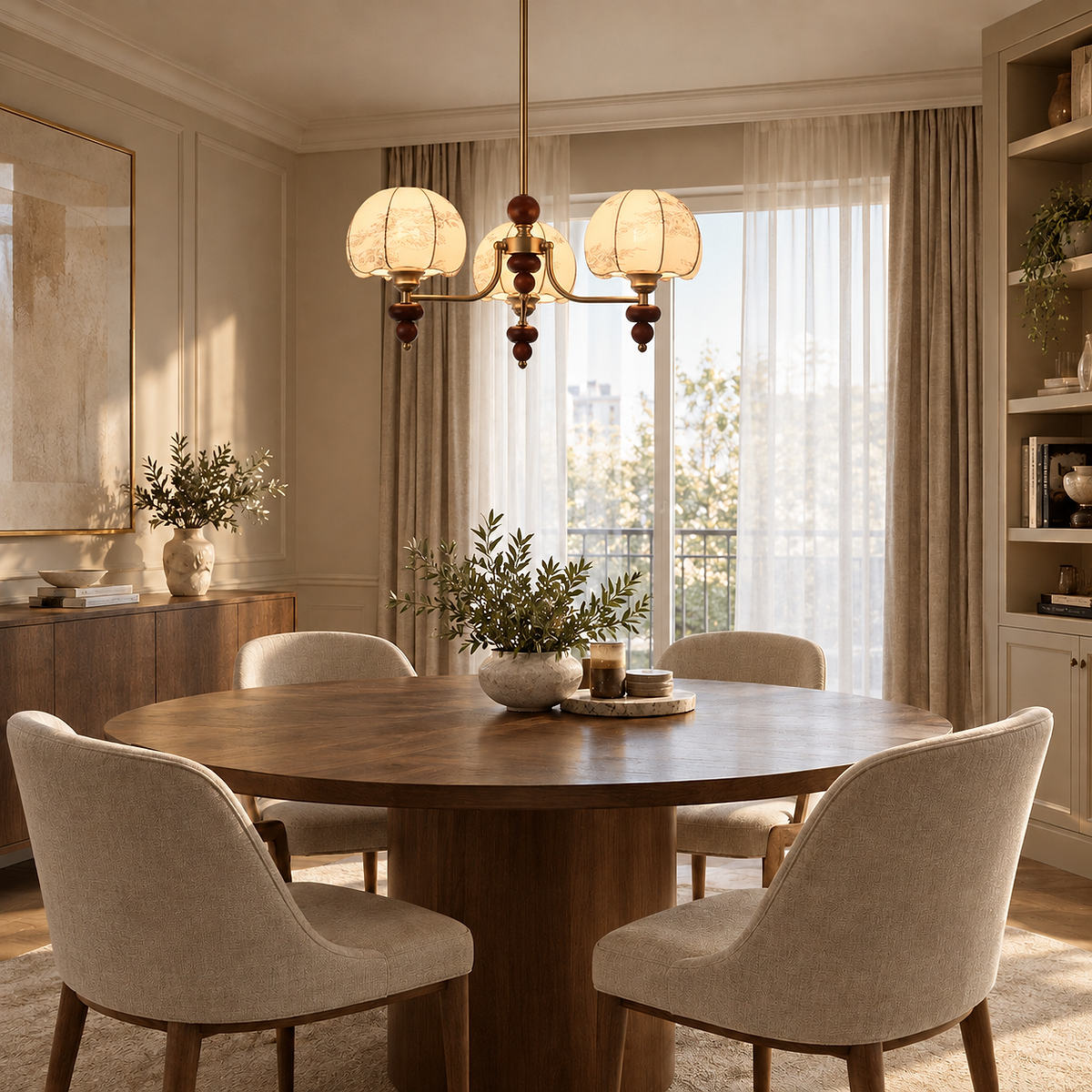 Tricolordeer Walnut & Fabric Shade Chandelier