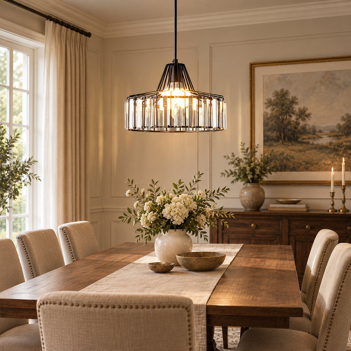 Round Crystal Drum Pendant Light for Dining Room & Living Room