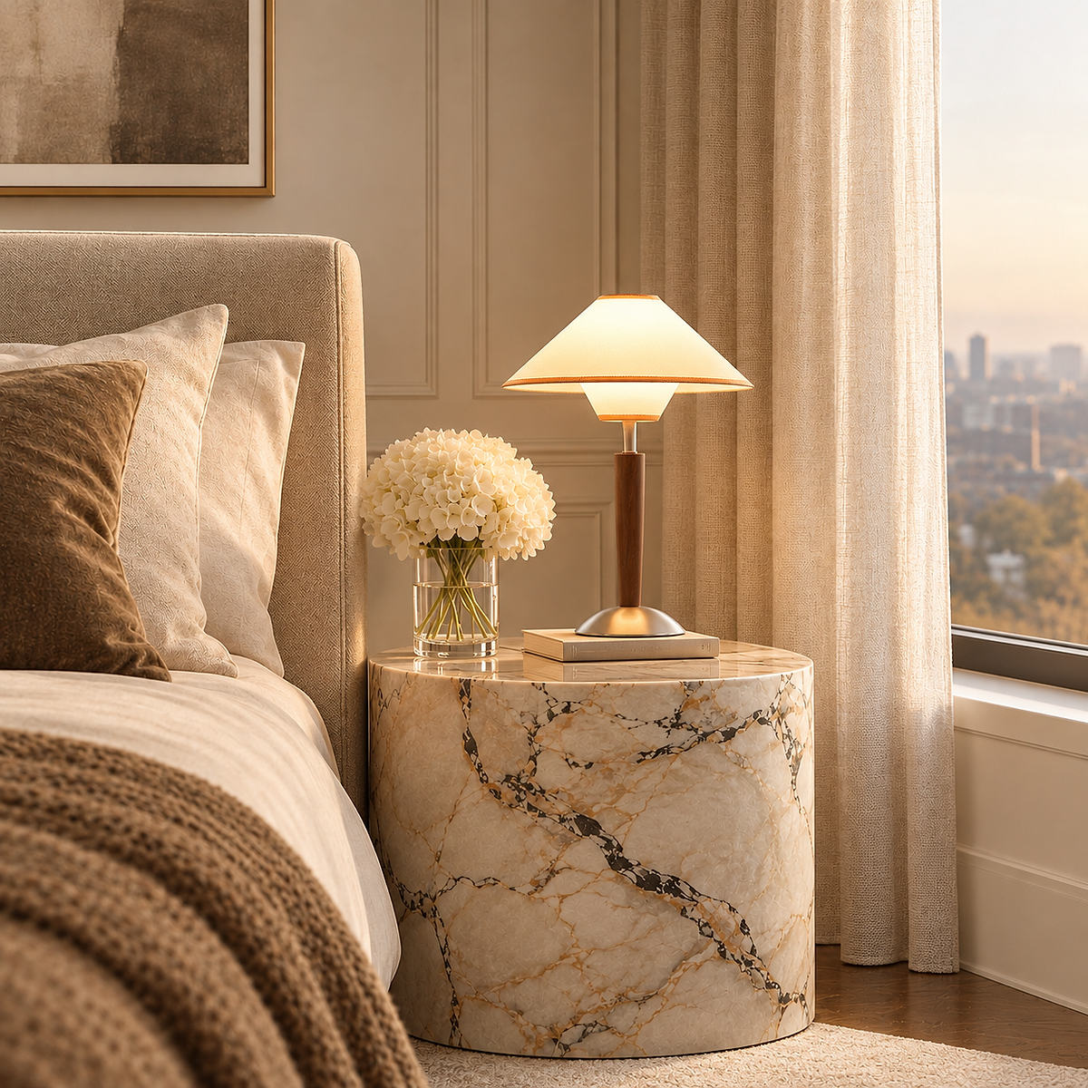 Tricolordeer Walnut Wood and Fabric Table Lamp