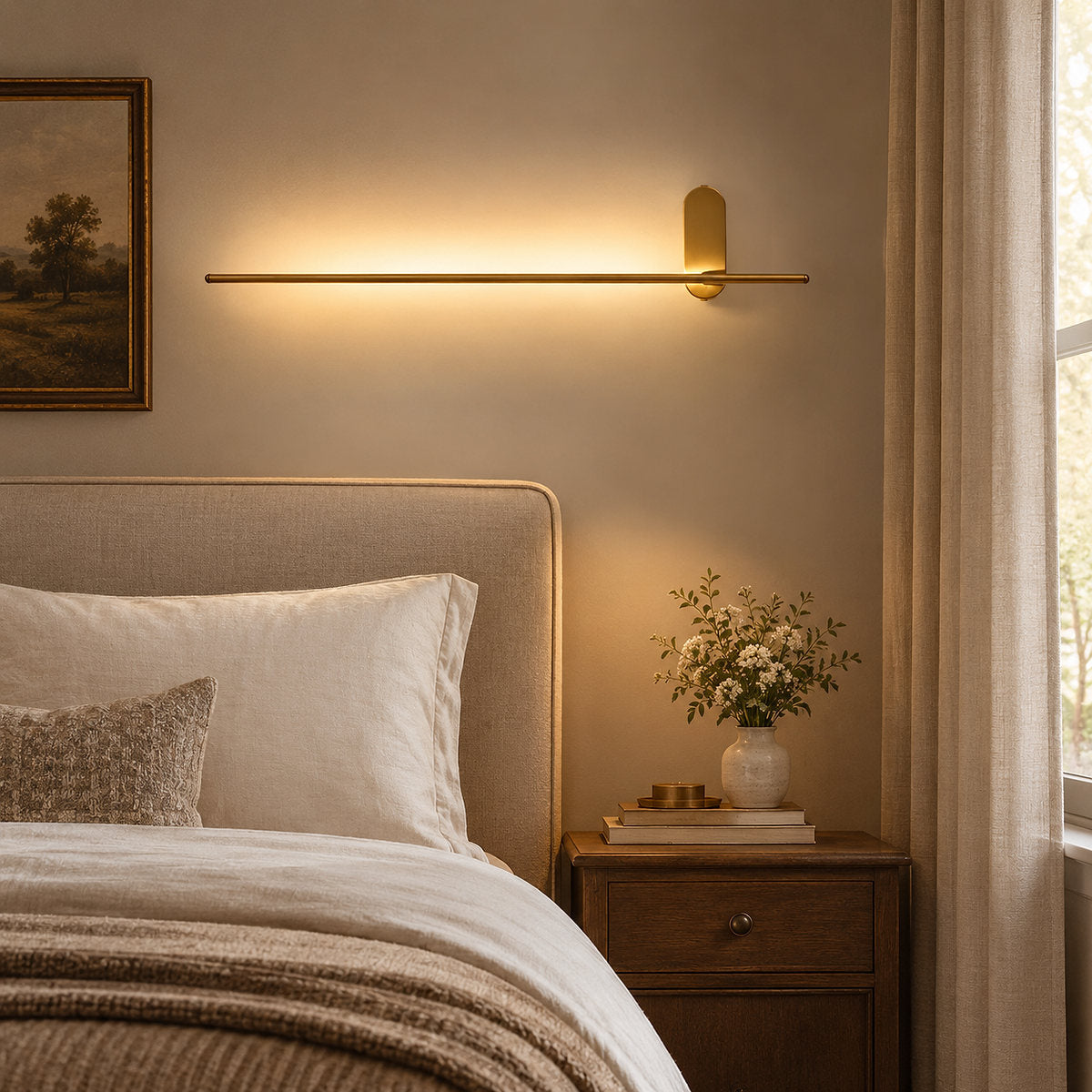 Stick Shaped Metal Wall Lamp, L 2-Inch x W 3.1-Inch x H 23.6~37.4-Inch, Brass, Triac Warm Dimming for Living Room