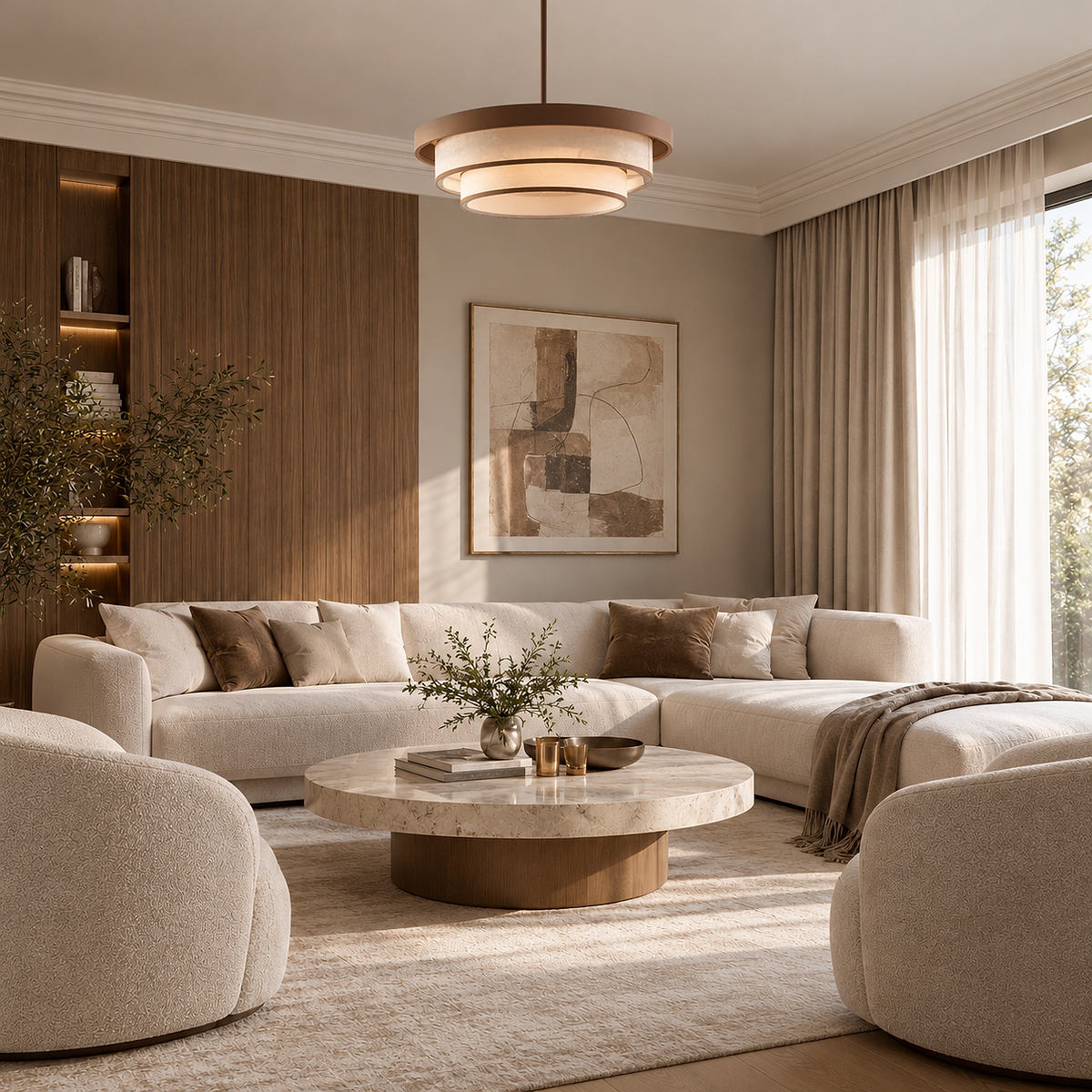 Sculptural Triple-Tiered Fabric Ring Pendant Lamp