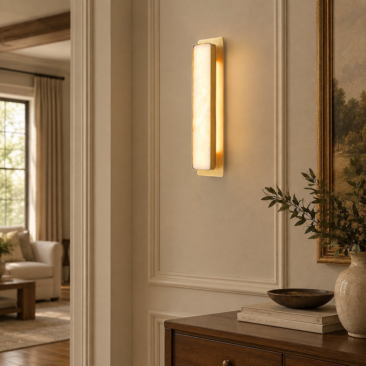 Velmora Alabaster Wall Lamp, 5.1-Inch x H 20.1-Inch, Gold & White, Warm Light for Living Room & Dining Room