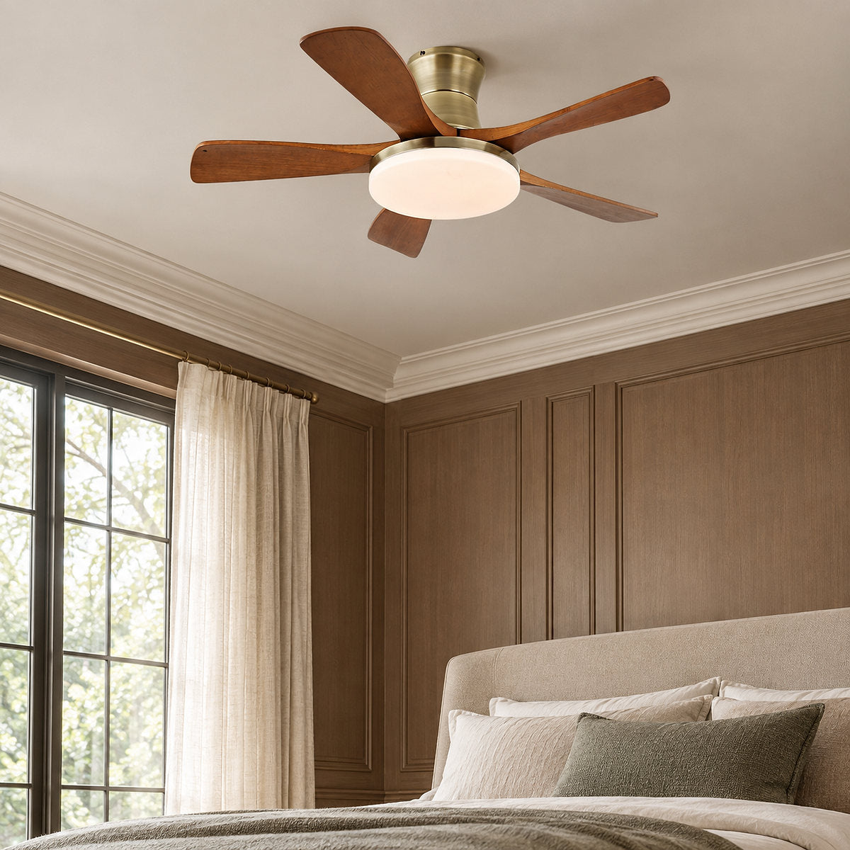 Liam Ceiling Fan Light, 42~52-Inch x H 11-Inch, Bronze & Walnut Wood, Three-Color Light for Living Room