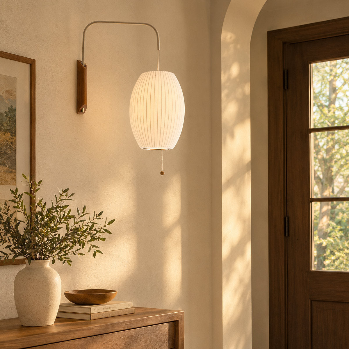 Organic Bubble Wall Lamp, 11-Inch x H 15.7-Inch, White & Walnut wood for Living Room