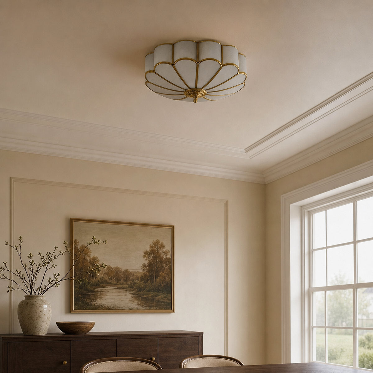 Flower Shape Glass Recessed Ceiling Light, 13.8~23.6-Inch x H 6.1`7.9-Inch, Brass & White for Living Room