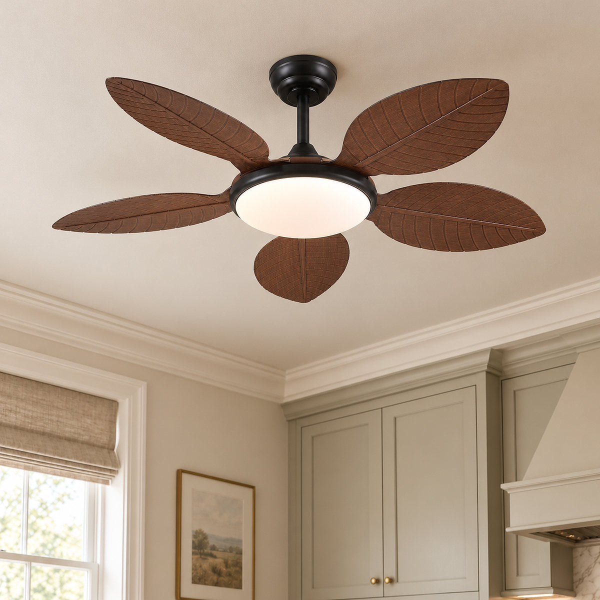 Tricolordeer Carved Palm-Leaf Dome Light Ceiling Fan