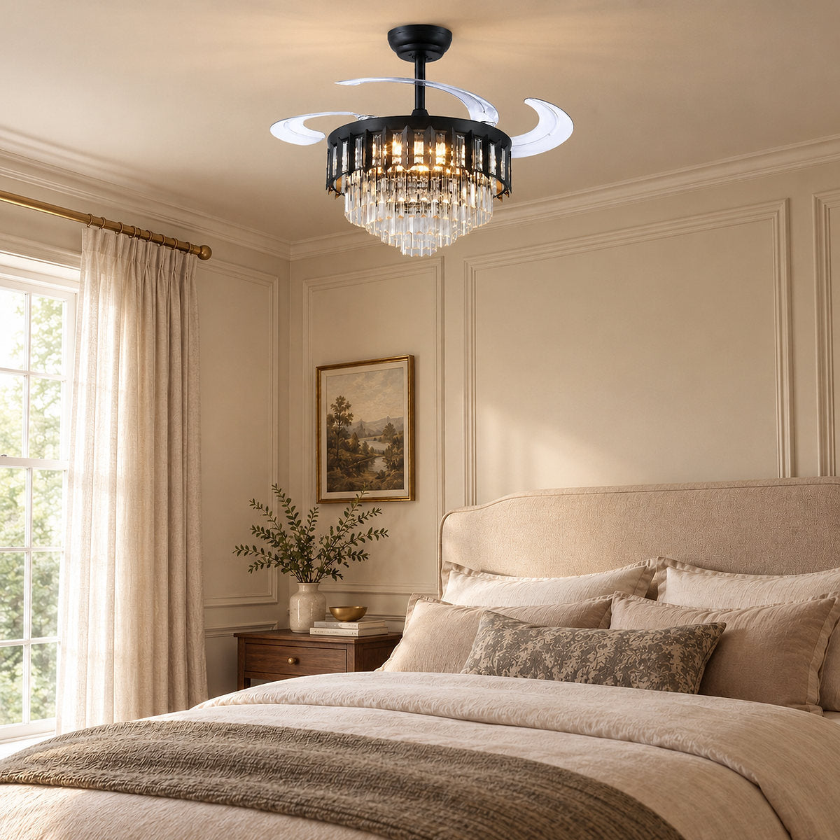Tricolordeer Retractable Acrylic Blade Crystal Chandelier Ceiling Fan