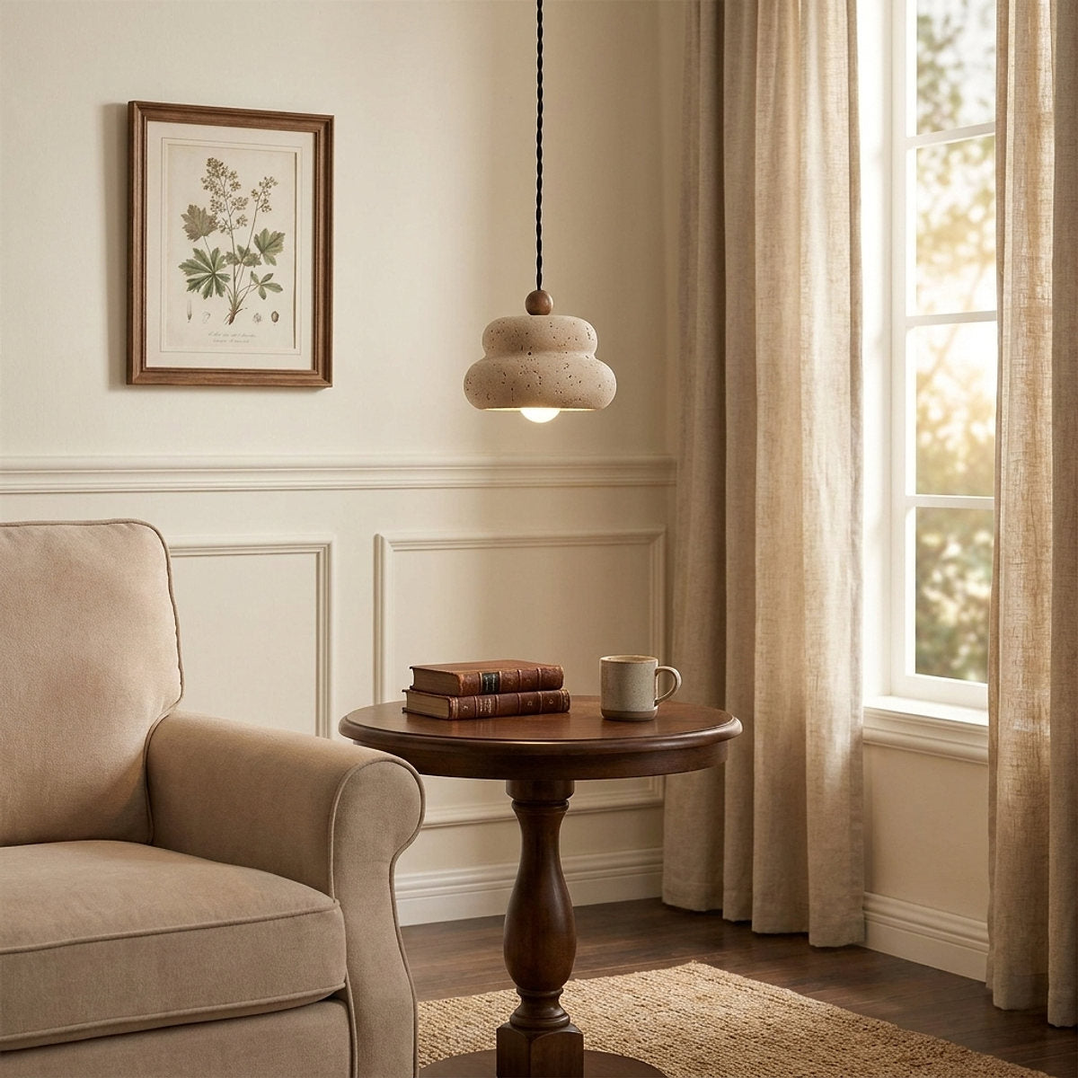 Walnut and Travertine Pendant Lamp Yellow Travertine for Dining Room & Living Room