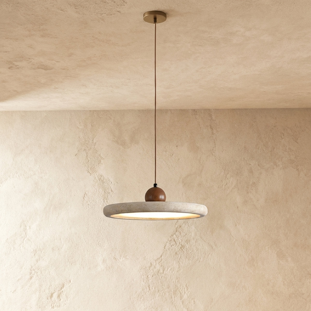 Round Wood and Travertine Pendant Lamp Warm Light for Dining Room & Living Room