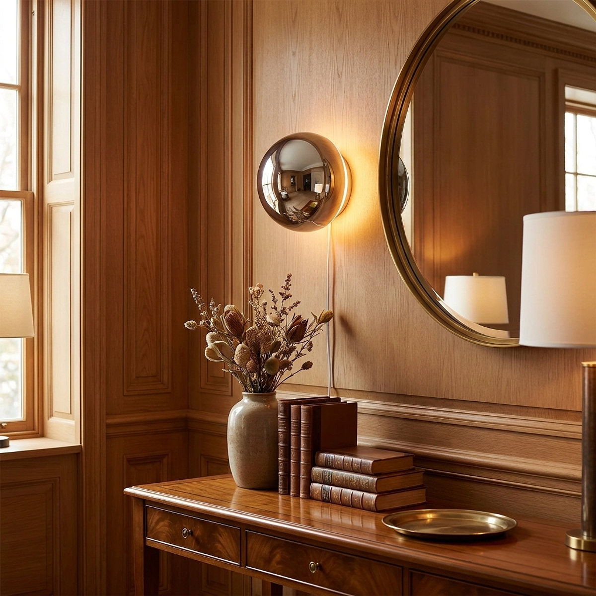 Aurum Sphere Wall Lamp, 6.3-Inch x H 3.9-Inch, Chrome, Warm Light for Living Room & Dining Room