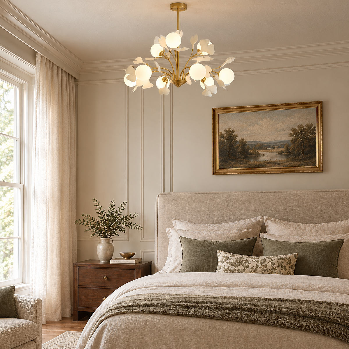 Brass Branch Chandelier with Ceramic Leaves