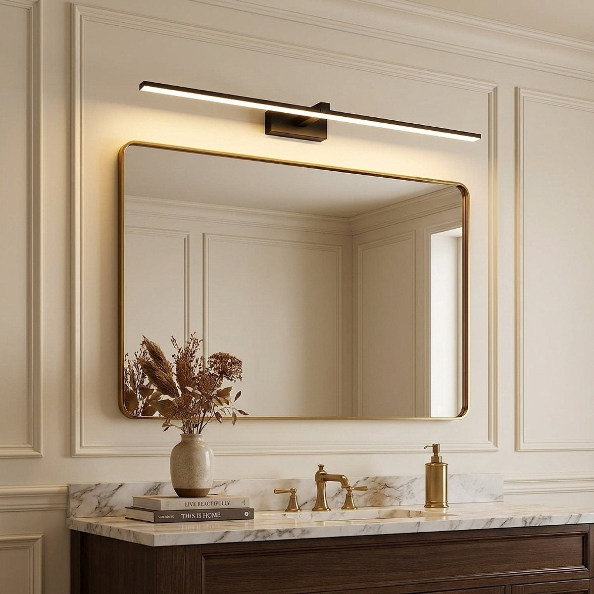 Metal Linear Mirror Wall Lamp, L 15.7~31.5-Inch x H 3.1-Inch, Black, Warm Light for Living Room & Dining Room