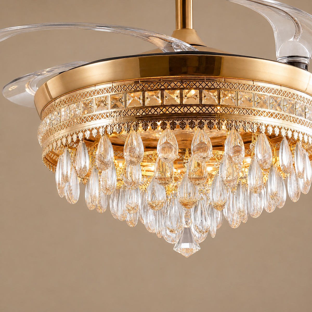 Tricolordeer Retractable Blade Crystal Chandelier Ceiling Fan