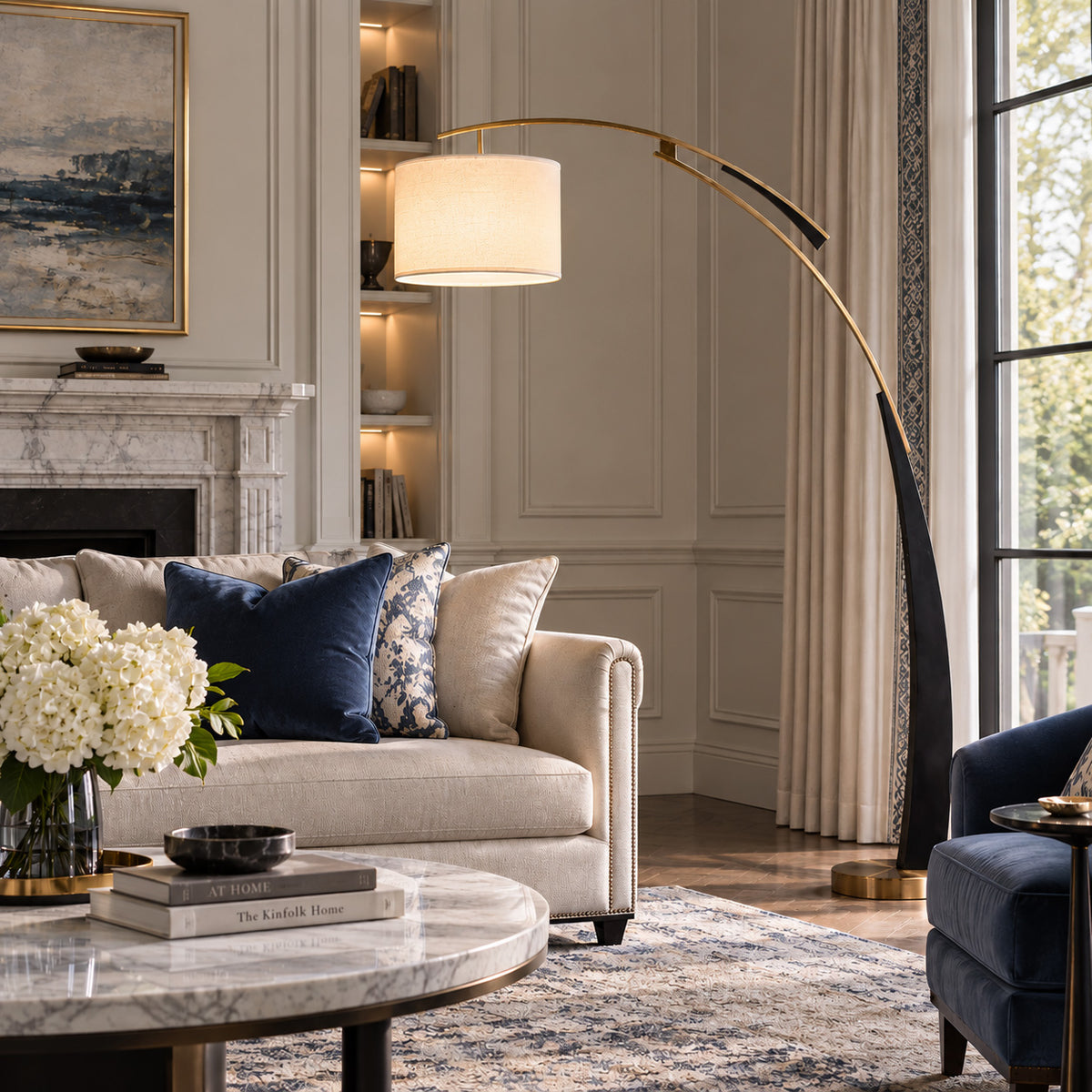 Tricolordeer Curved Black and Gold Fabric Floor Lamp
