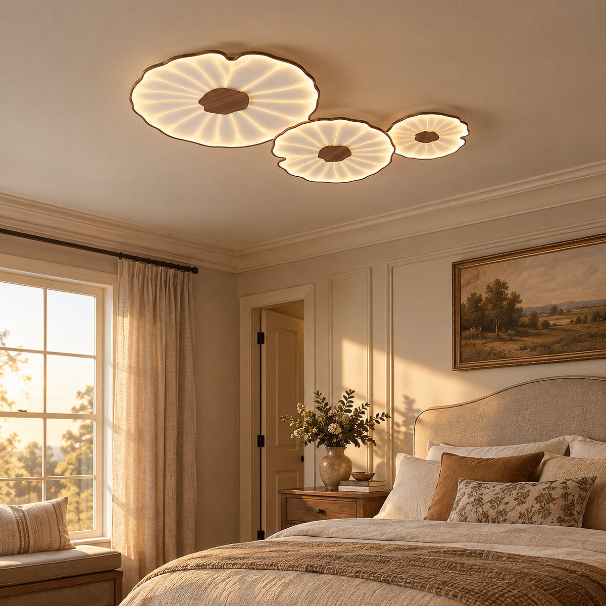 Lotus Leaf Acrylic Ceiling Light, 11.8-Inch x H 1.6-Inch, Hydrographic Natural Wood Grain Finish, Warm Light for Living Room & Bedroom