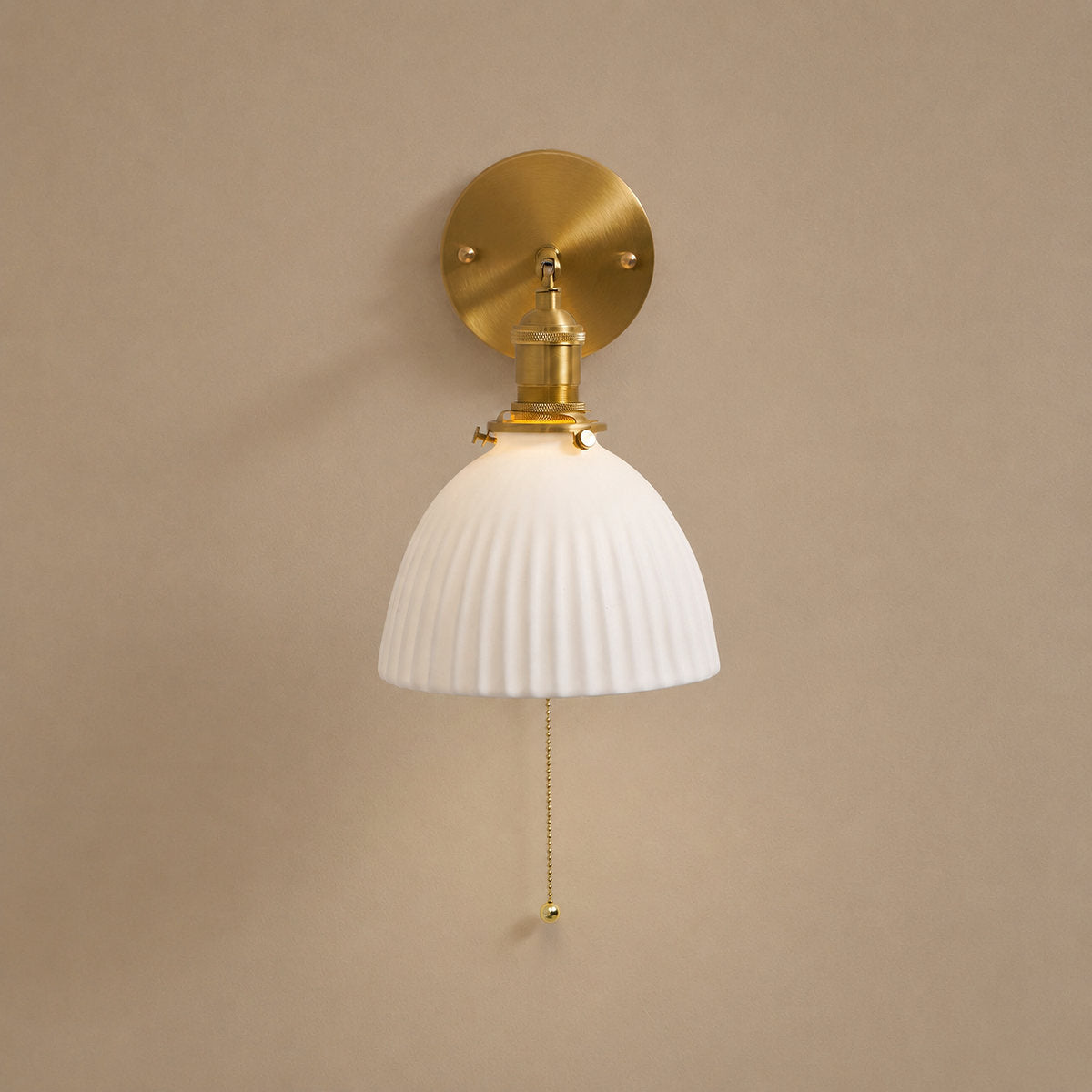 Brass Pleated Ceramic Wall Lamp, 6.7-Inch x H 9.1-Inch, Brass & White Ceramic for Living Room