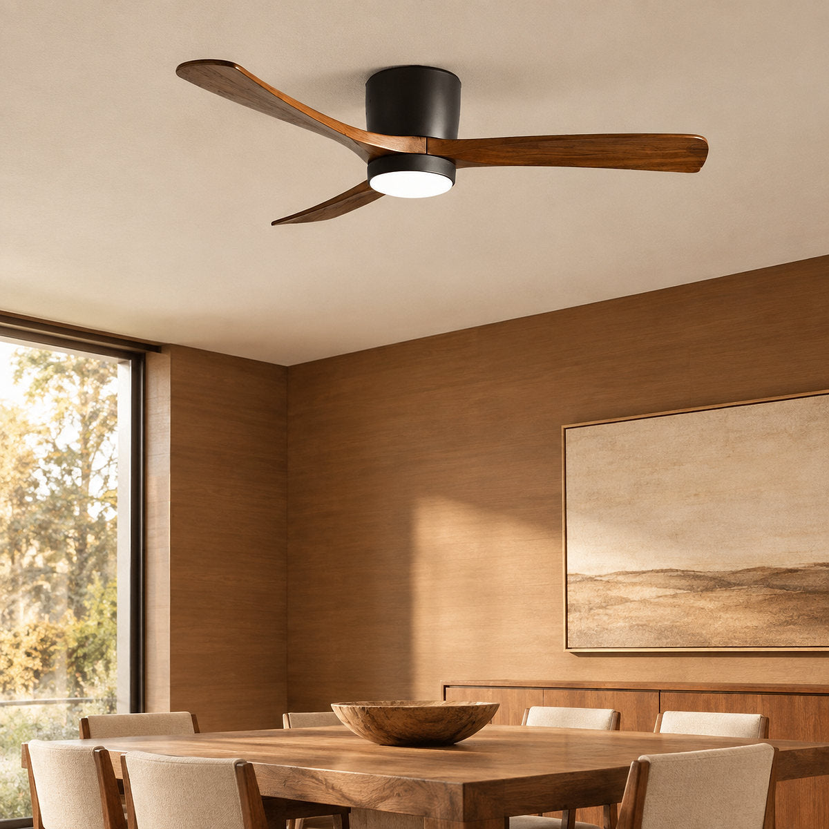 Nordic Wooden Ceiling Fan Light, 42-Inch x H 11-Inch, White & Natural Wood, Power: ~18W & Warm Light for Living Room