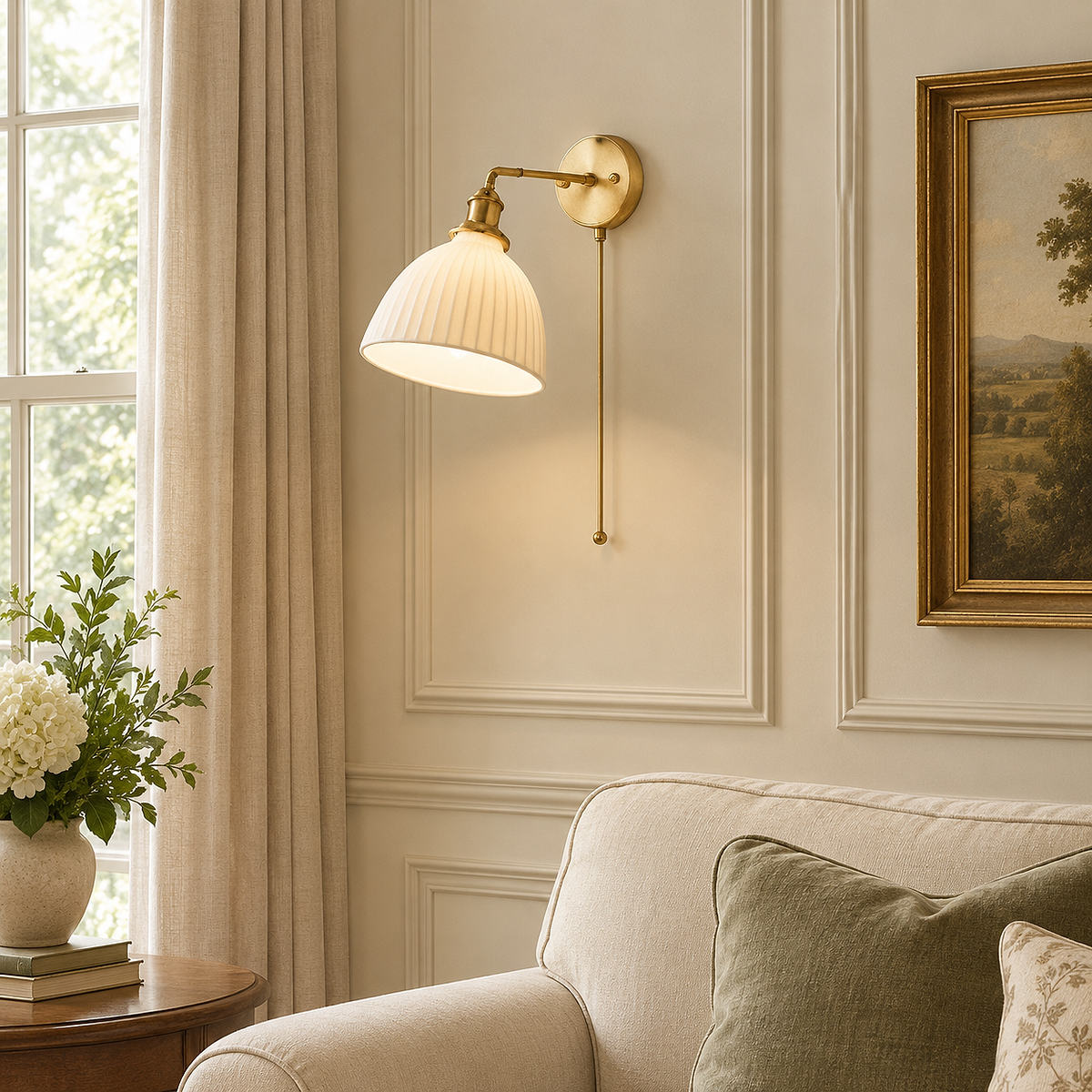 Brass Pleated Ceramic Wall Lamp, 6.7-Inch x H 9.1-Inch, Brass & White Ceramic for Living Room