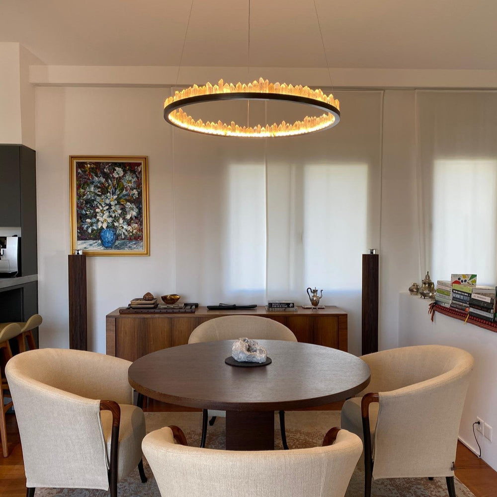 Modern Style Rings Brass & Natural Quartz Crystal Chandelier in Brass/Black Finish