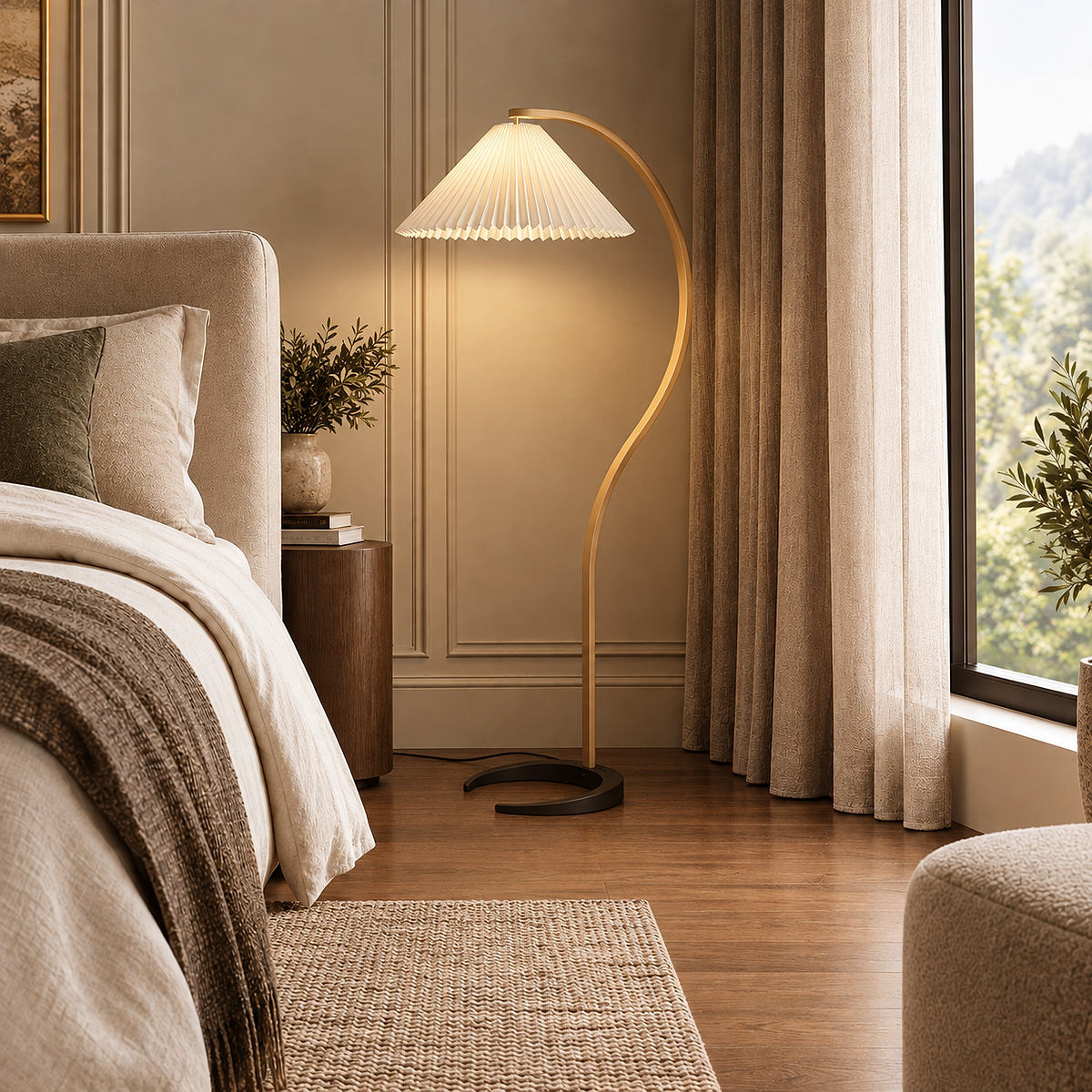 Tricolordeer Beech Wood and Linen Floor Lamp