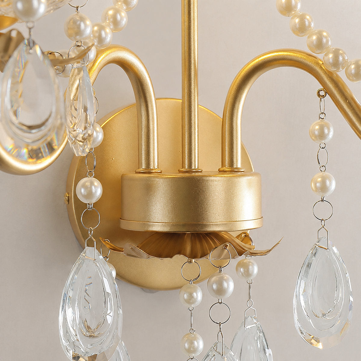 Crystal Pearl Chain Wall Lamp, 16.8-Inch x H 25.2-Inch, Gold & Clear for Living Room