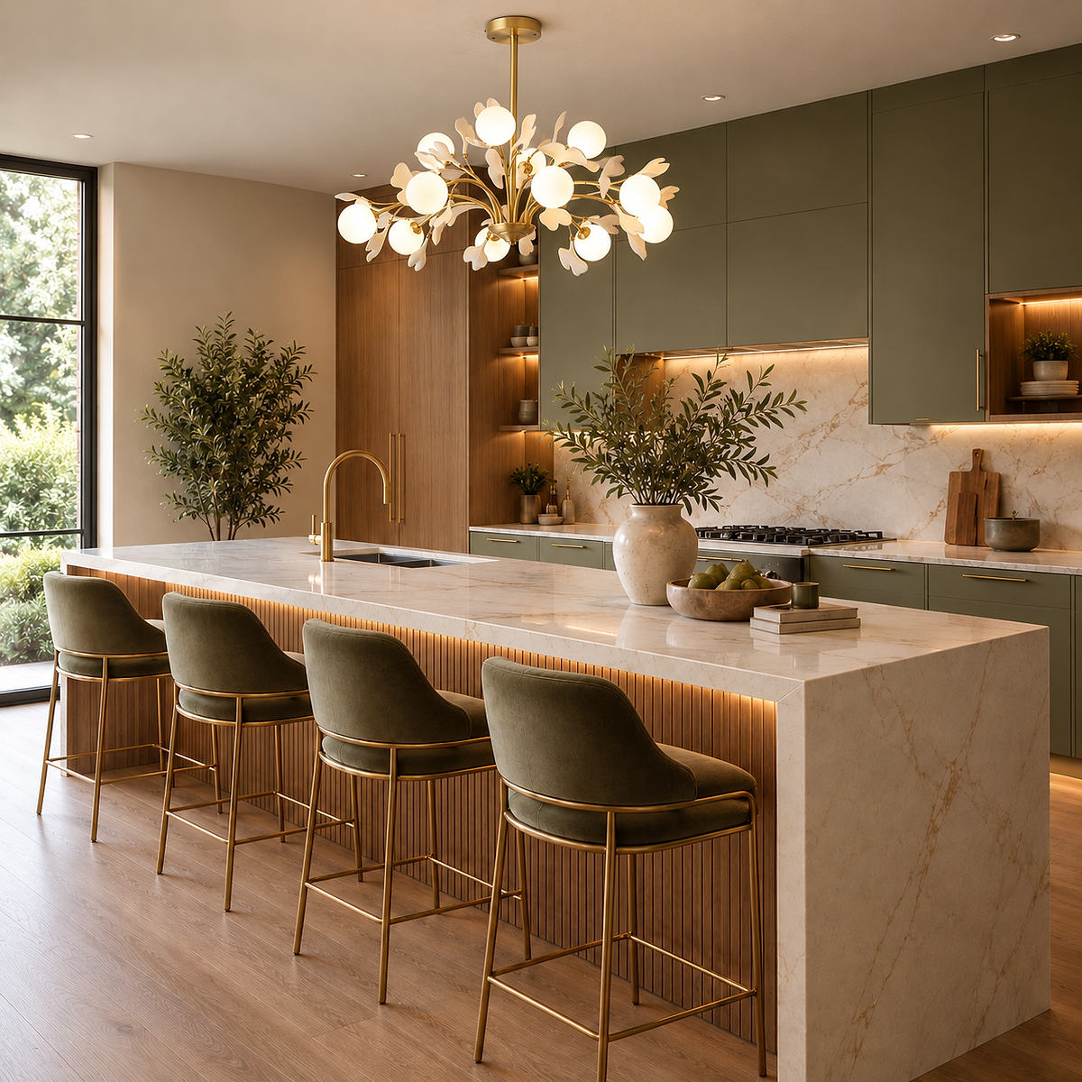 Brass Branch Chandelier with Ceramic Leaves