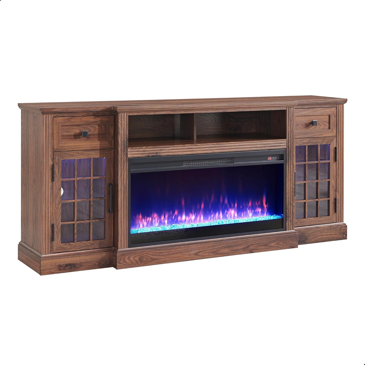 Farmhouse Highboy Entertainment Center with LED Lights and Electric Fireplace