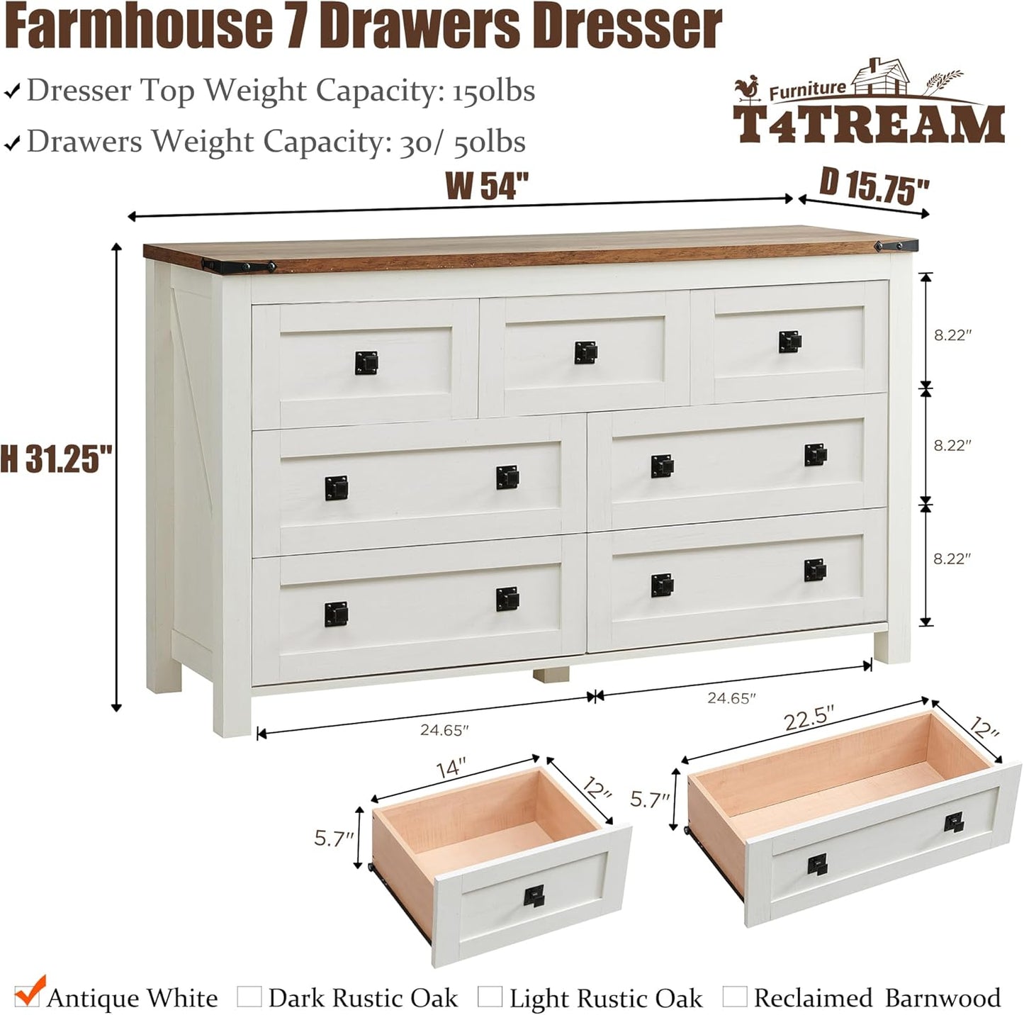 T4TREAM Farmhouse Antique White 7-Drawer Dresser, TV Stand, Organizer