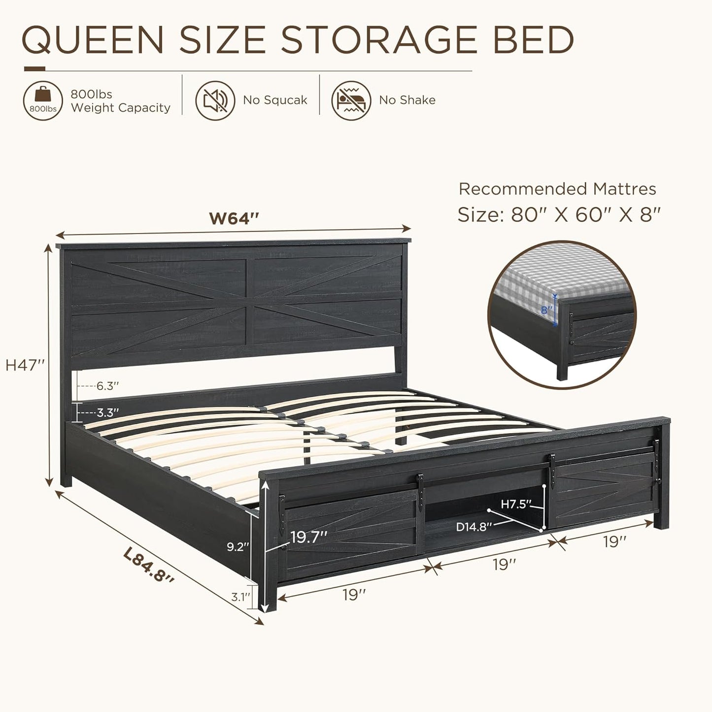 JXQTLINGMU Queen Farmhouse Bed Frame with Barn Door Headboard, Black