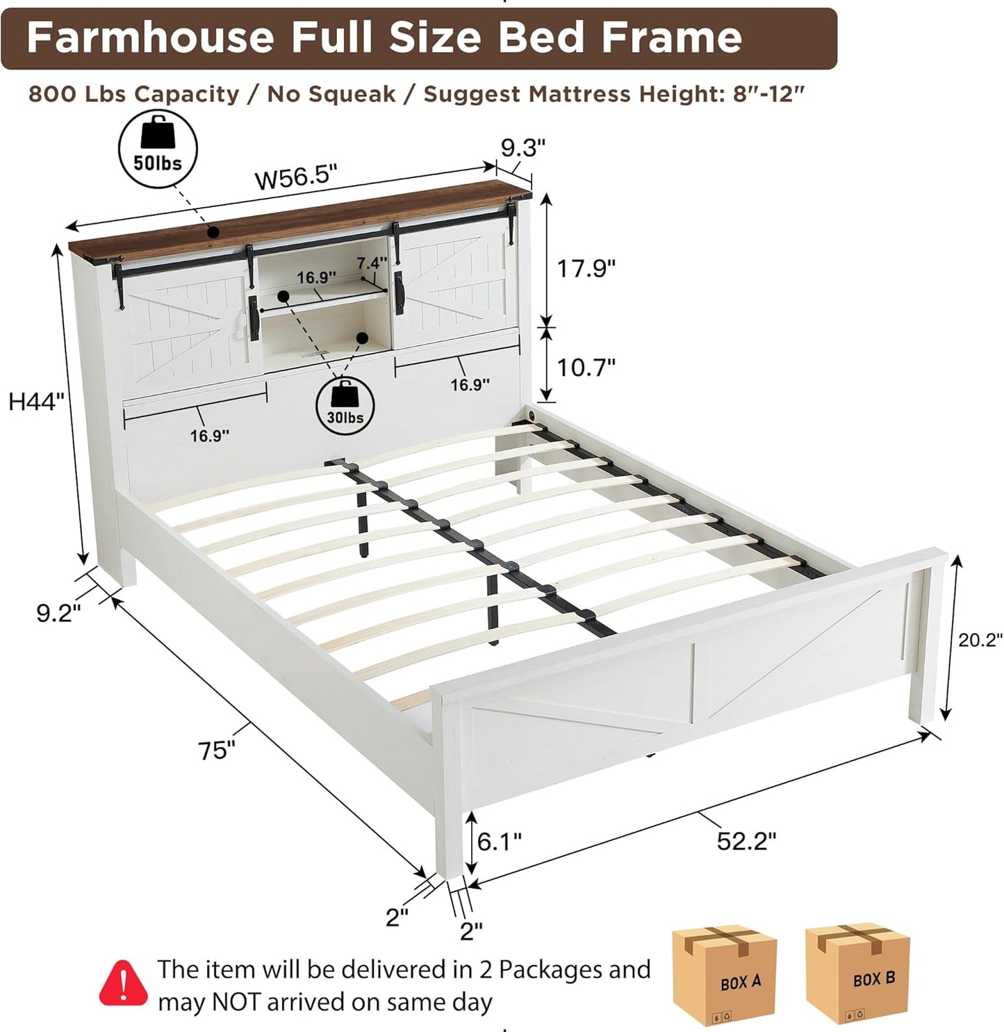 Farmhouse Full Size Bed Frame with Bookcase Headboard and Charging