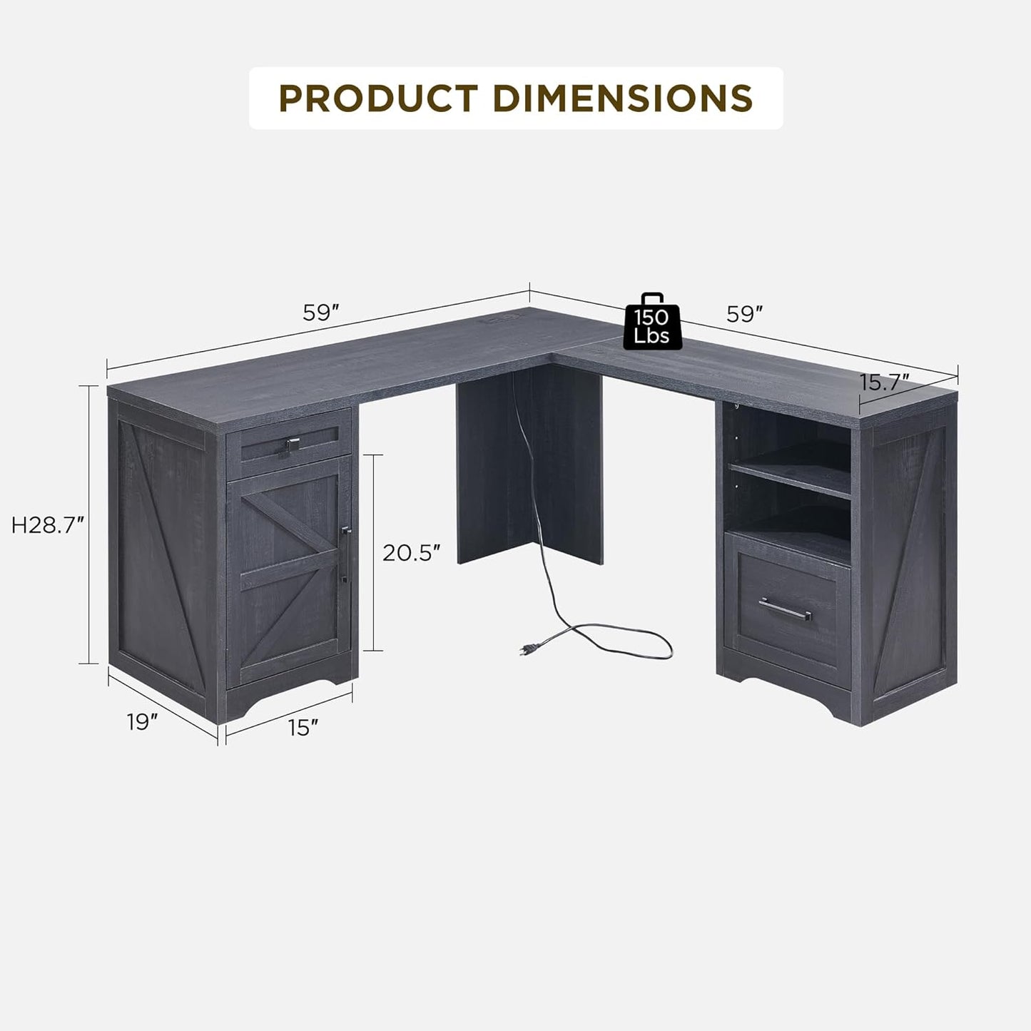 59-inch Farmhouse Computer Desk with File Cabinet - Cool Black