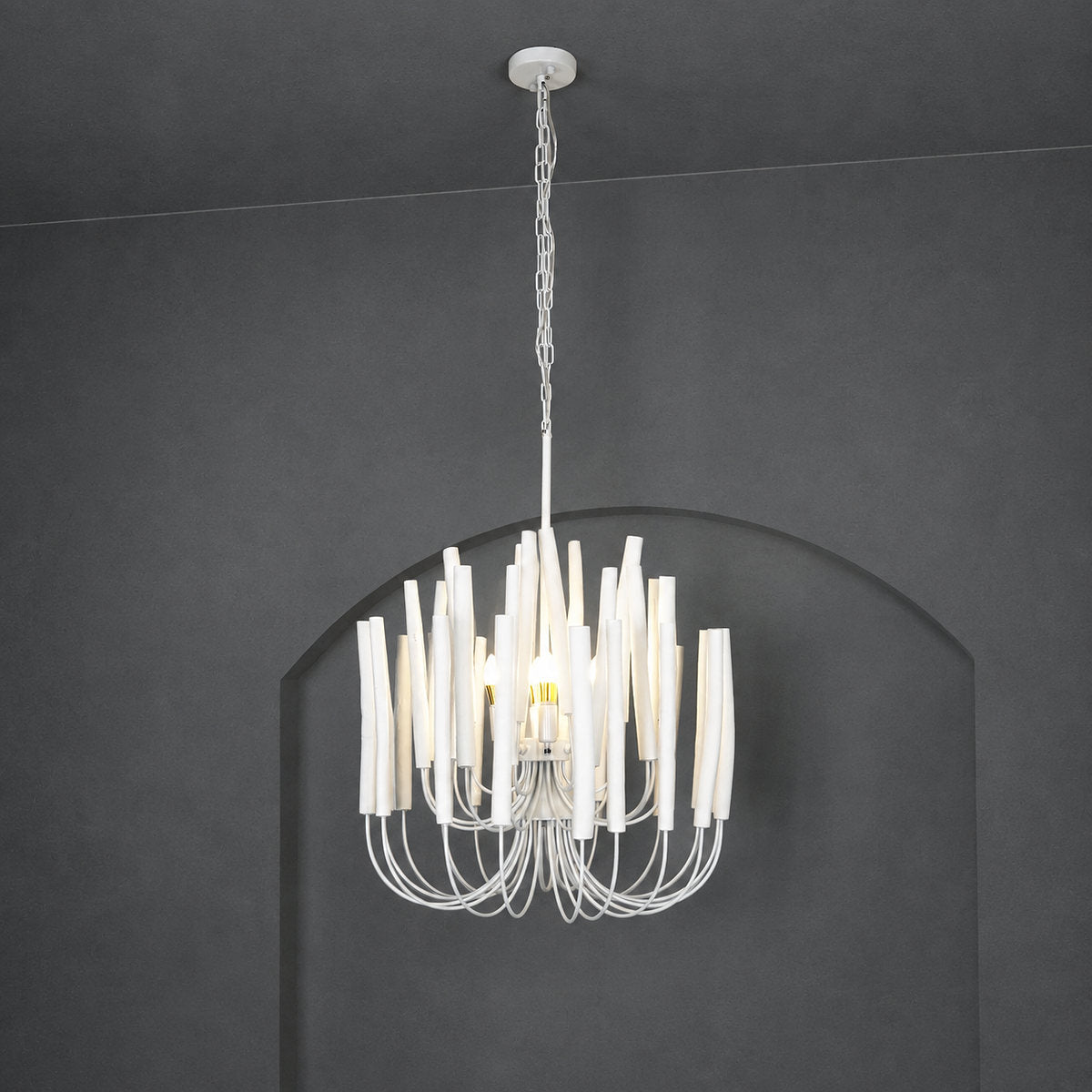 Tiered Wood and Curved Iron Chandelier