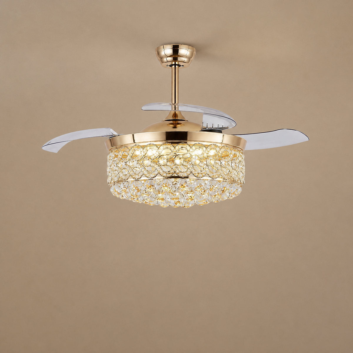 Tricolordeer Crystal Drum Chandelier Retractable Ceiling Fan