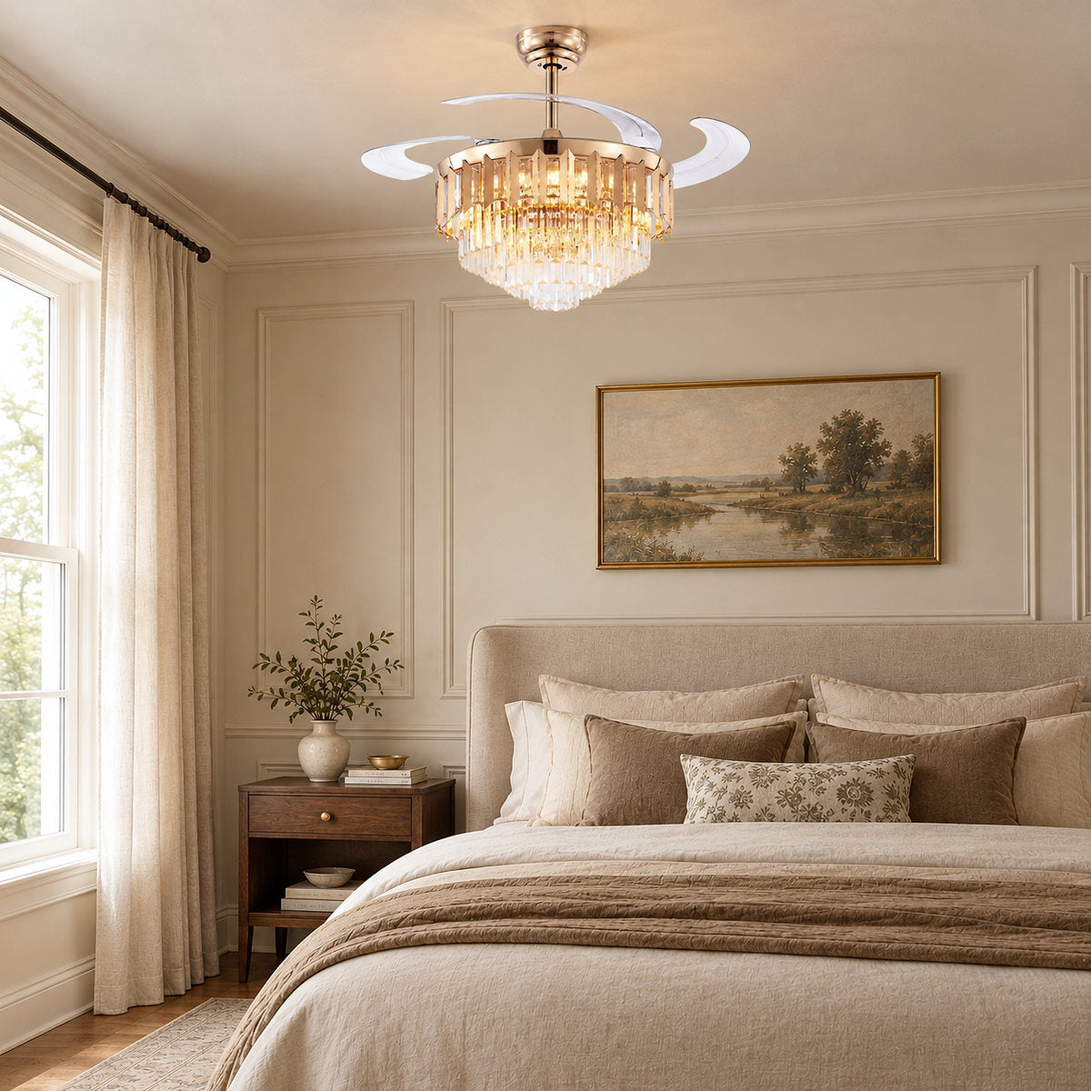Tricolordeer Retractable Acrylic Blade Crystal Chandelier Ceiling Fan
